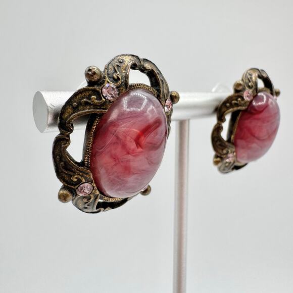 Vintage 1928 Victorian Revival Purple Swirled Lucite Cabochon Pink Rhinestones - Picture 4 of 12